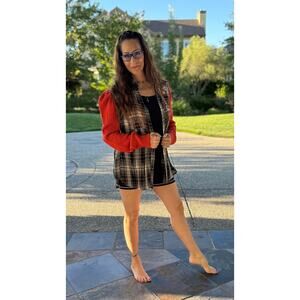 Upcycled Mystree Plaid Rayon Button Down with Sweater Puff Sleeves Size S-M